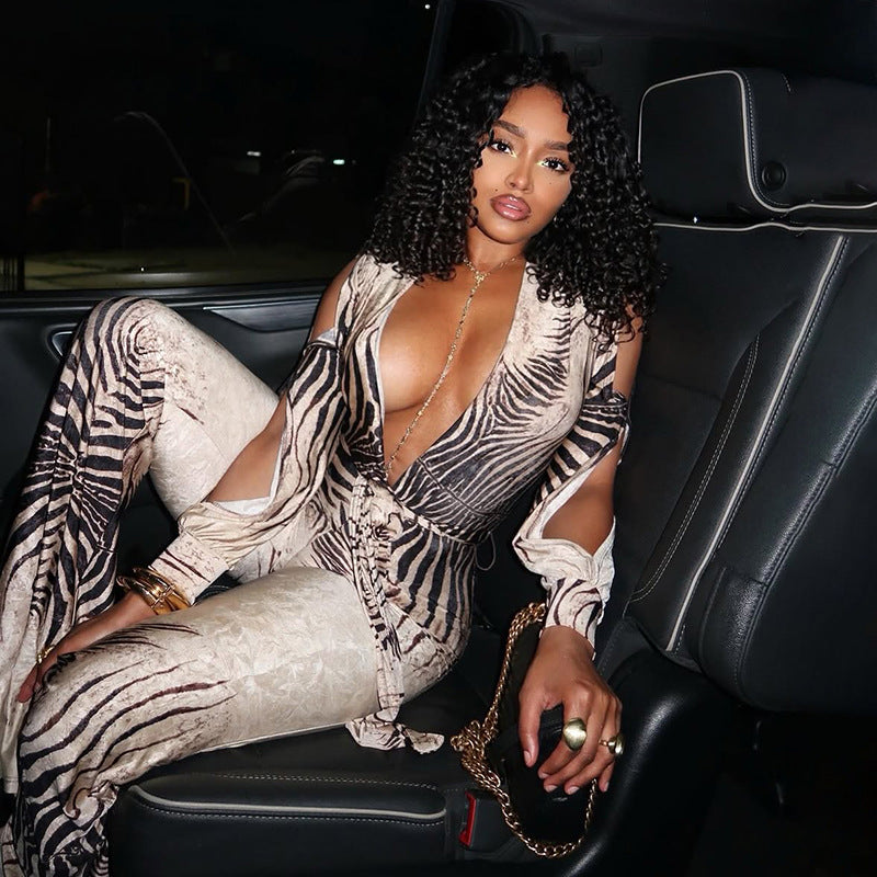 Sexy Deep V Plunge off-Shoulder Top High Waist Bootcut Pants Jumpsuit