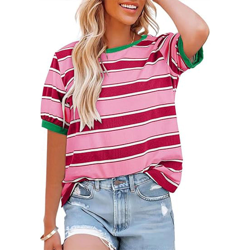 Summer Striped Loose Round Neck Short Sleeve T Shirt Women Casual Color Contrast