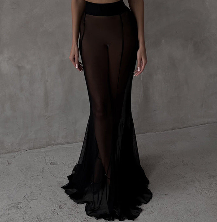 Long Sleeve Satin Top Loose Stretch Yarn Mesh Skirt Two Piece Sets