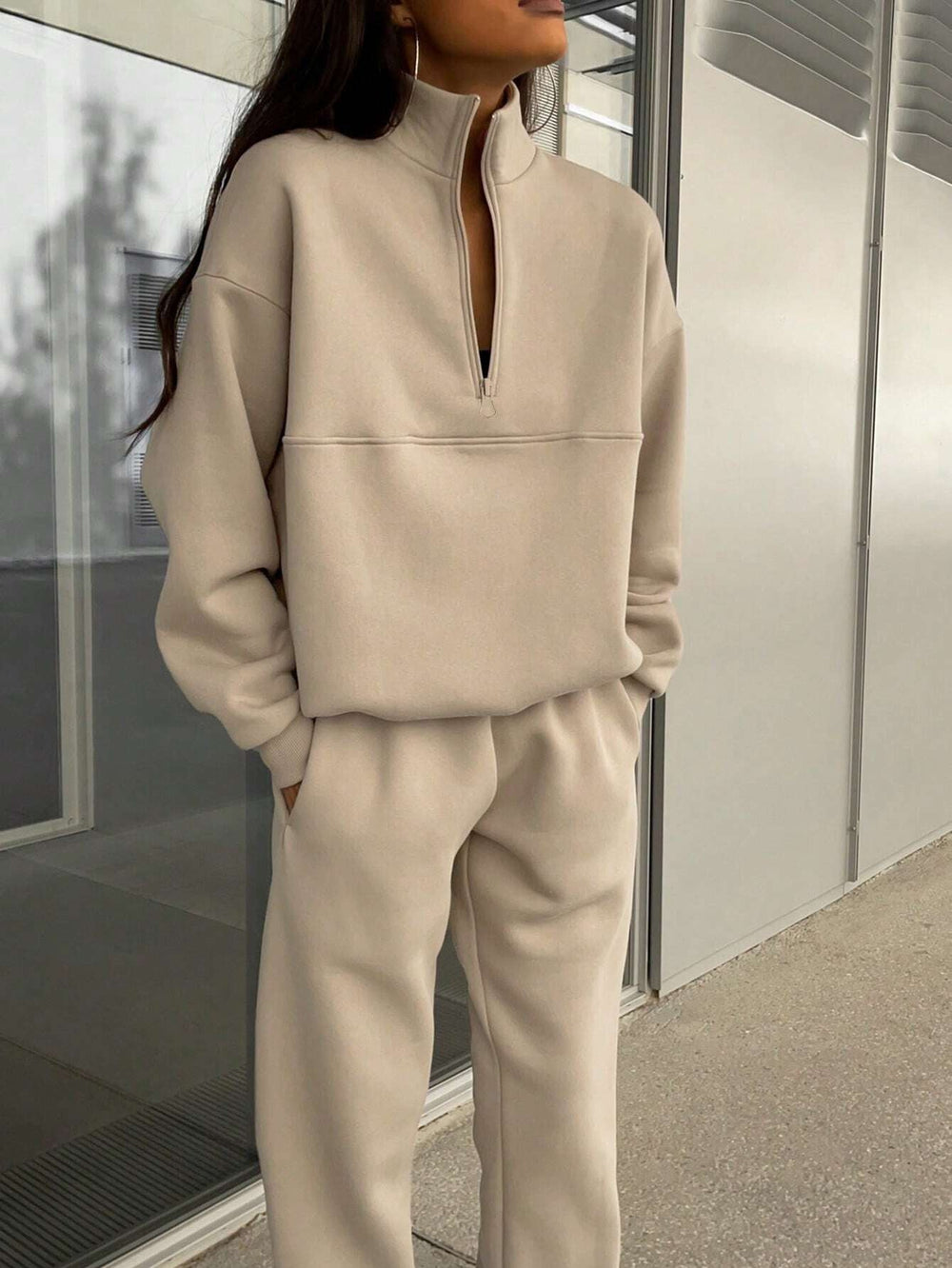 Autumn Winter Zipper Collared Solid Color Casual Two Piece Set