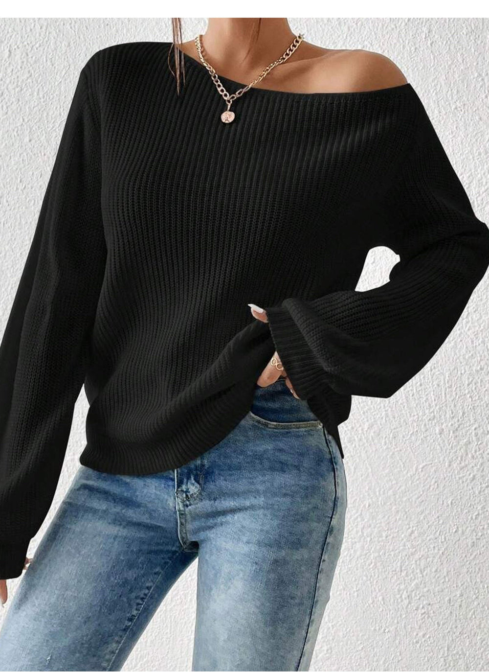 off Shoulder Shoulder Baring Knitwear Women Loose Solid Color Sweater Autumn Winter Lazy Wind Long Sleeve Top