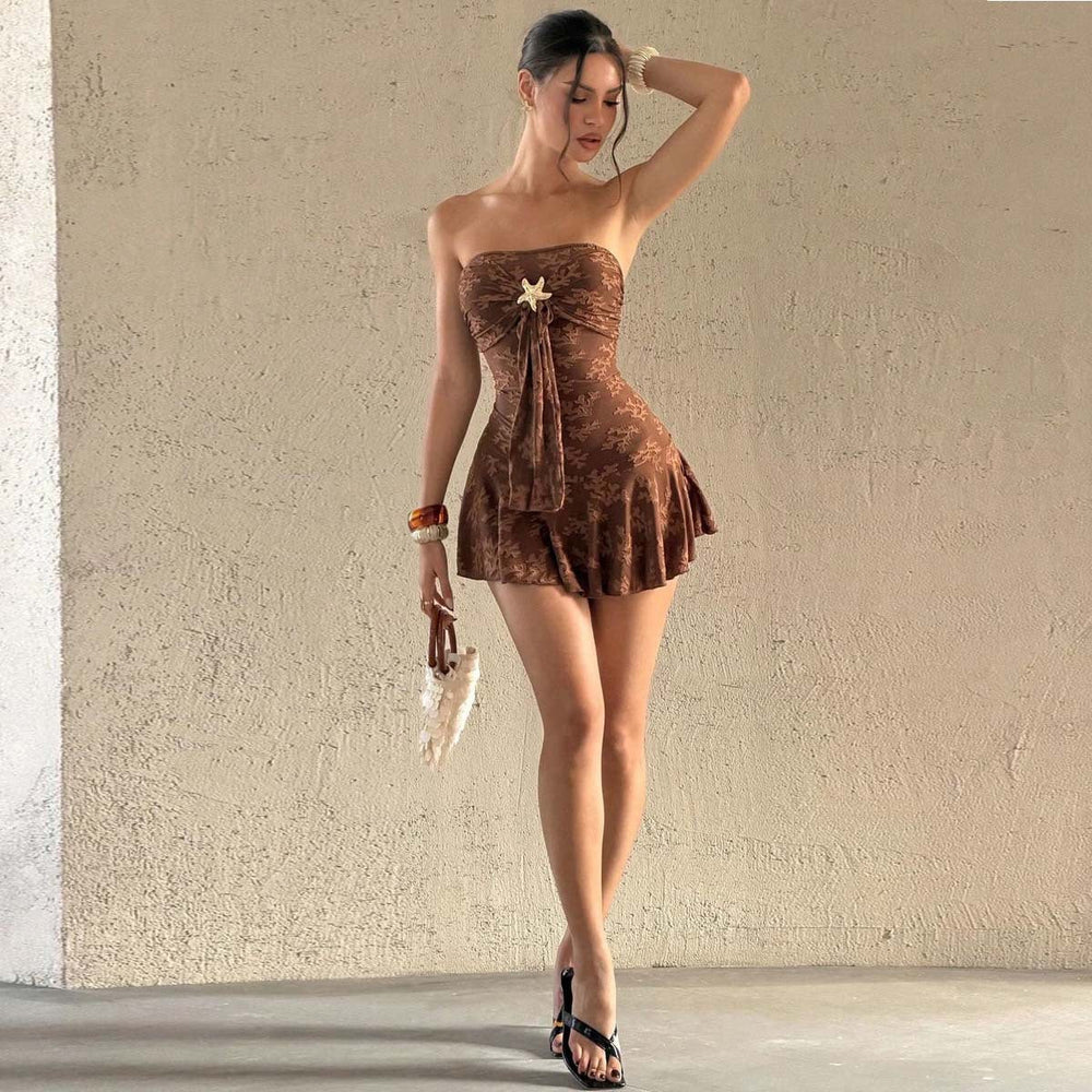 Design Vintage Texture Sexy Waist Controlled Tube Top Dress Women