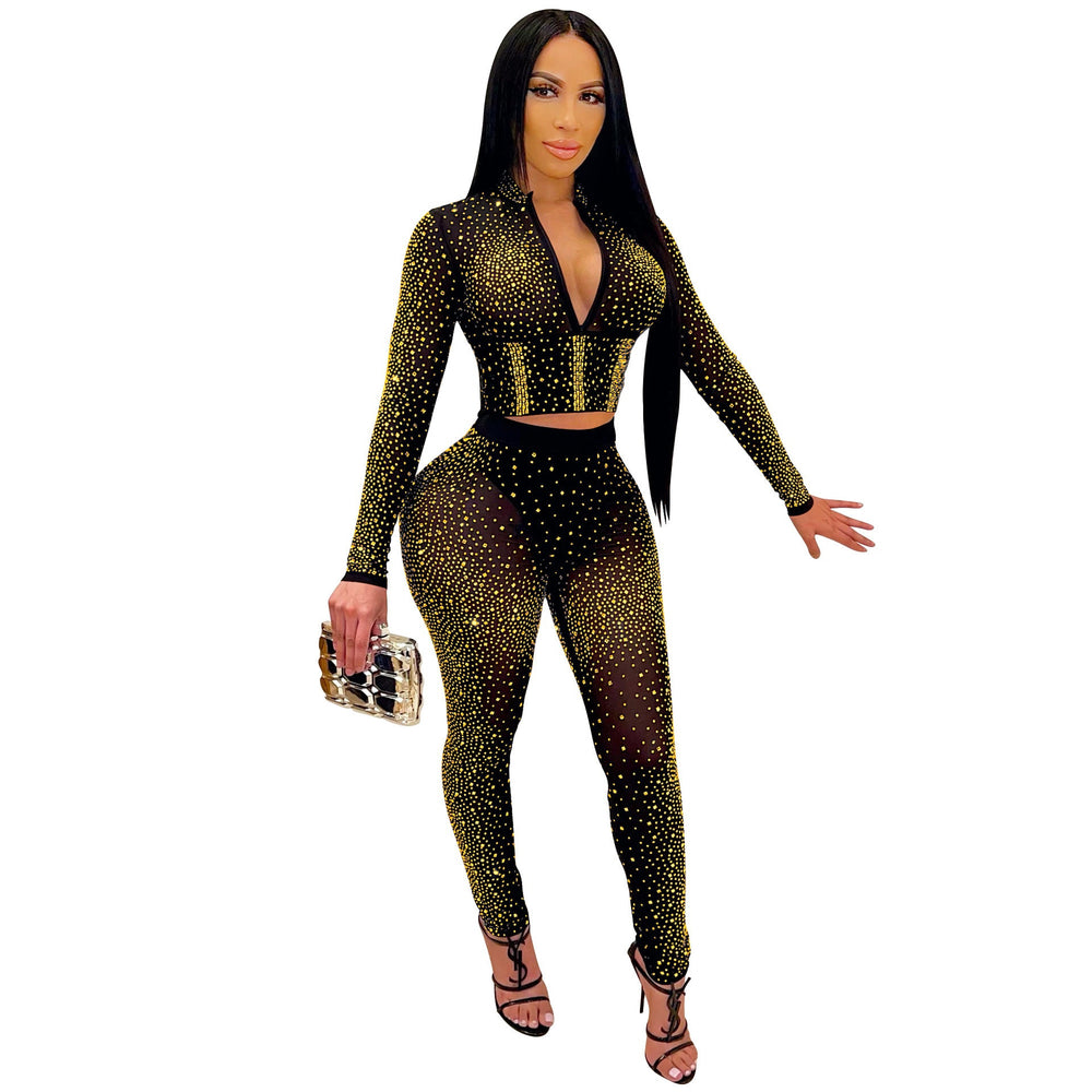 Women Clothing Sexy Tight Mesh See-through Long Sleeve Rhinestone Two-Piece Set Blouse Pants Women