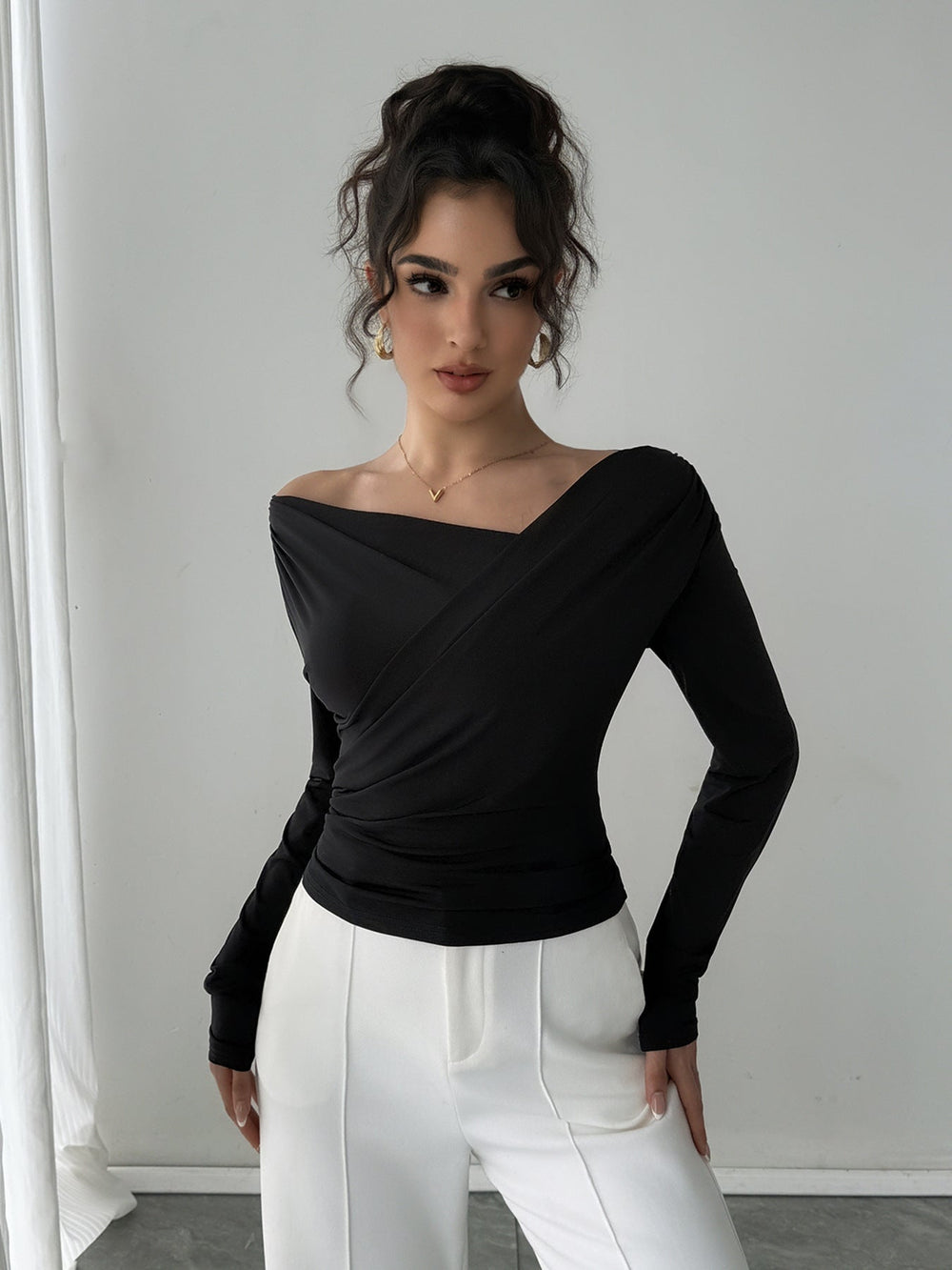 Autumn Winter Solid Color Shoulder Collar Shoulder Baring Slimming Long Sleeve All Match Office Top