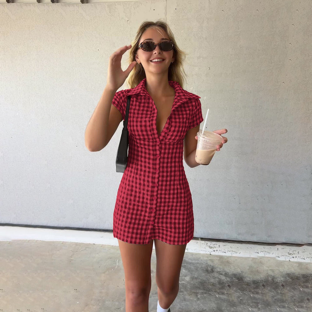 Women Plaid Smocking Waist Trimming Shirt Dress Slimming Breasted