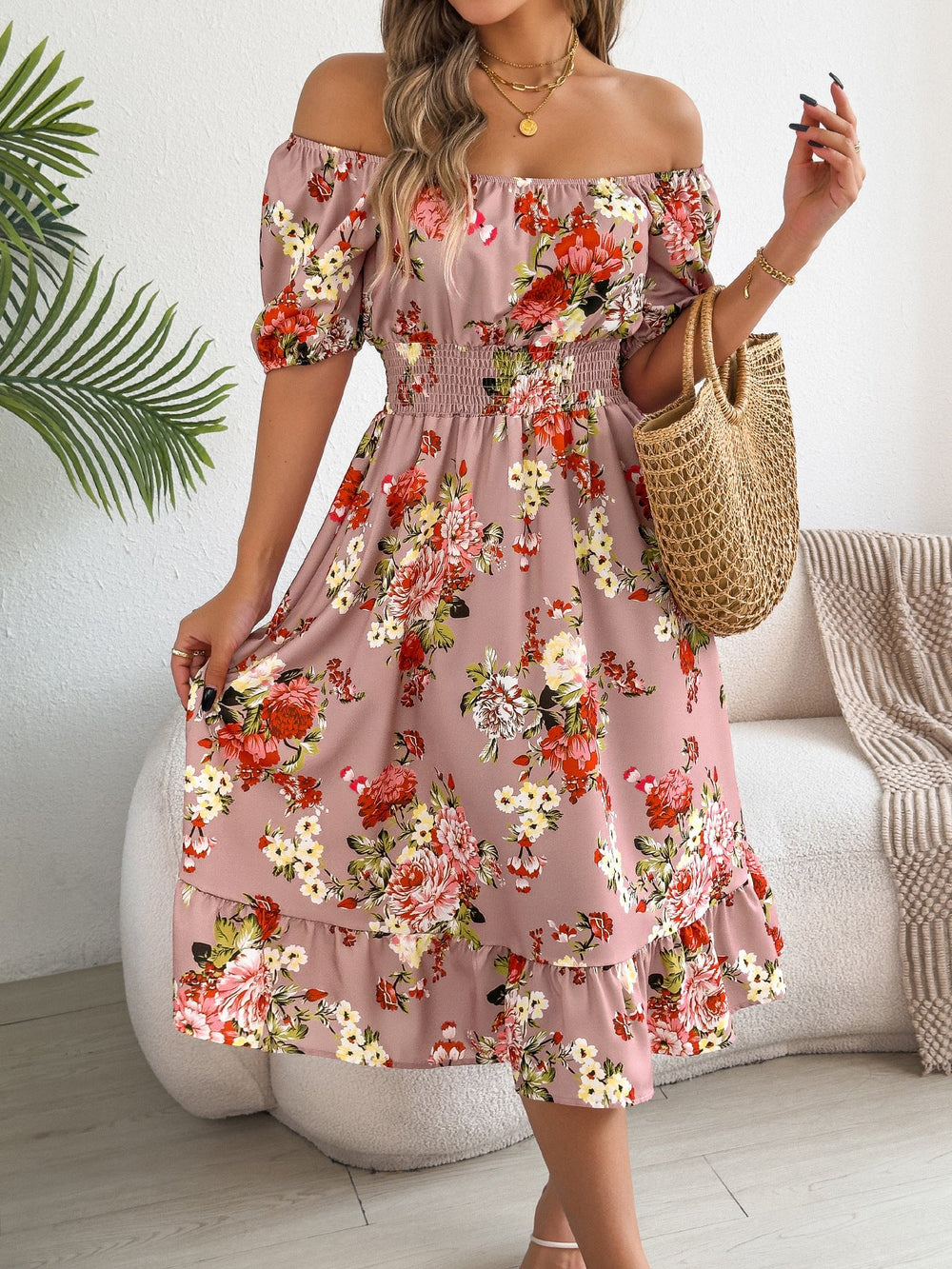 Spring Summer Floral Off Shoulder Short-Sleeved Ruffle A Line Holiday Dress