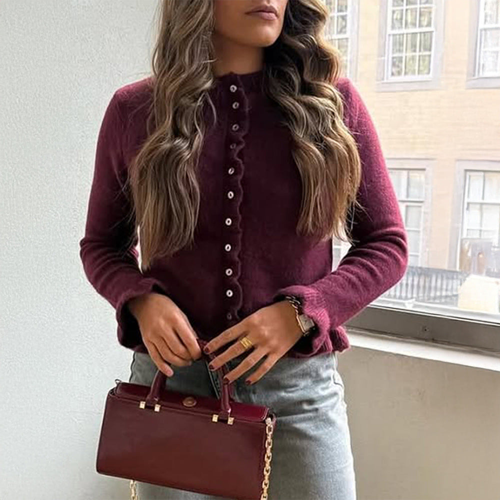 Casual Vacation Solid Color Wool Button Long Sleeved Top Sweaters Women Clothing Autumn Winter