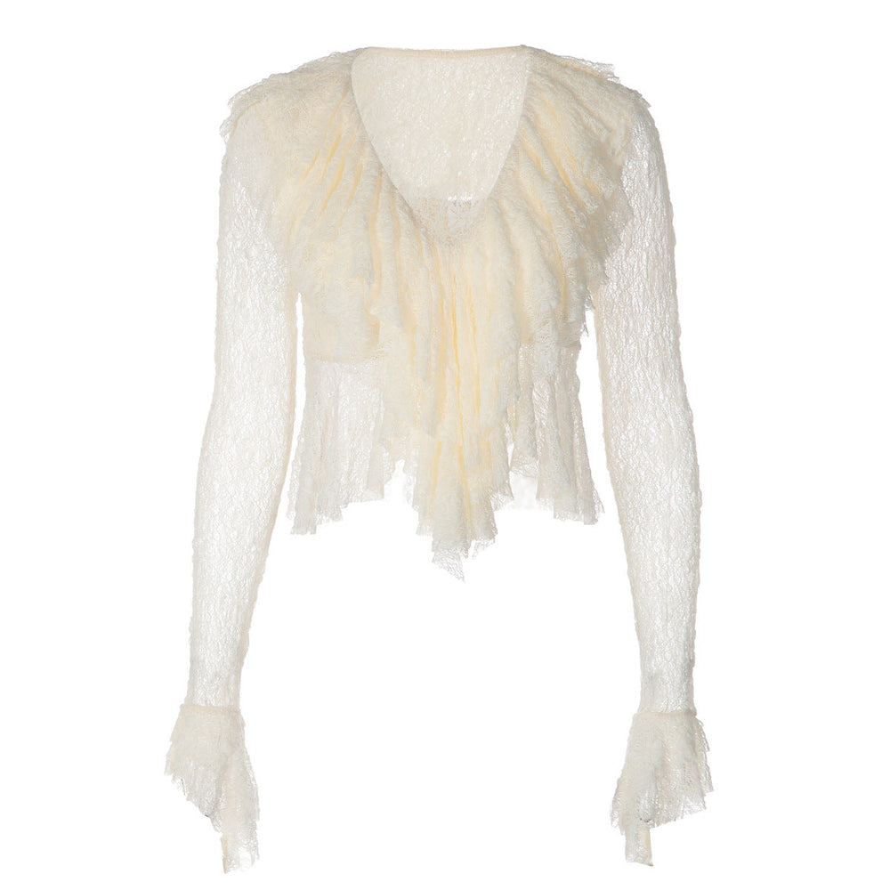 Women Clothing Summer Pure Sexy V neck Lace See through Flare Sleeve T shirt Top