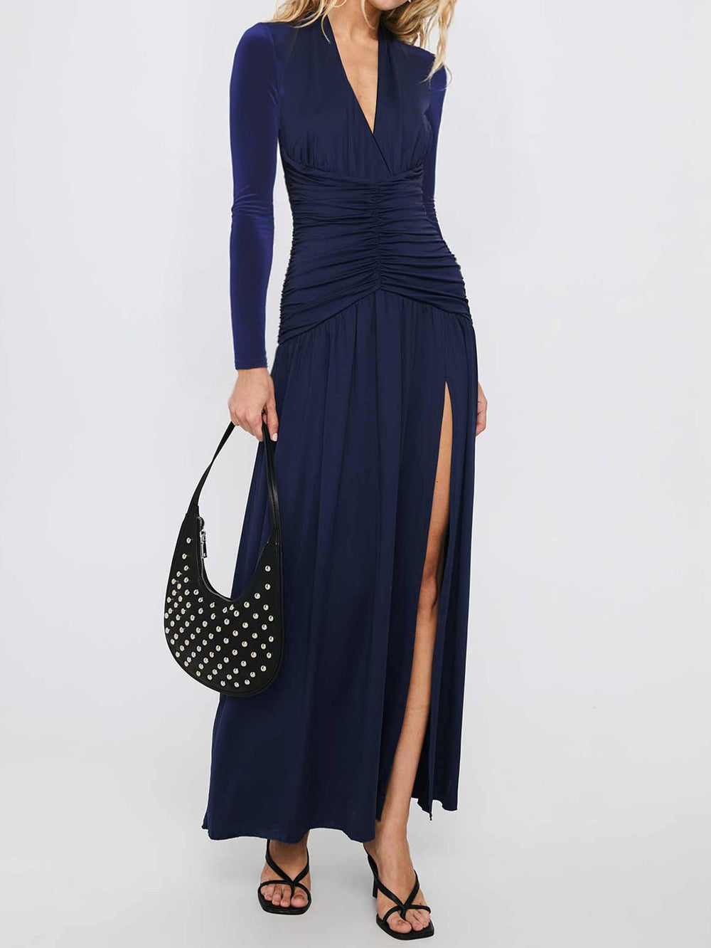 Women Clothing Autumn Winter Elegant Deep V Plunge Long Sleeve Dress