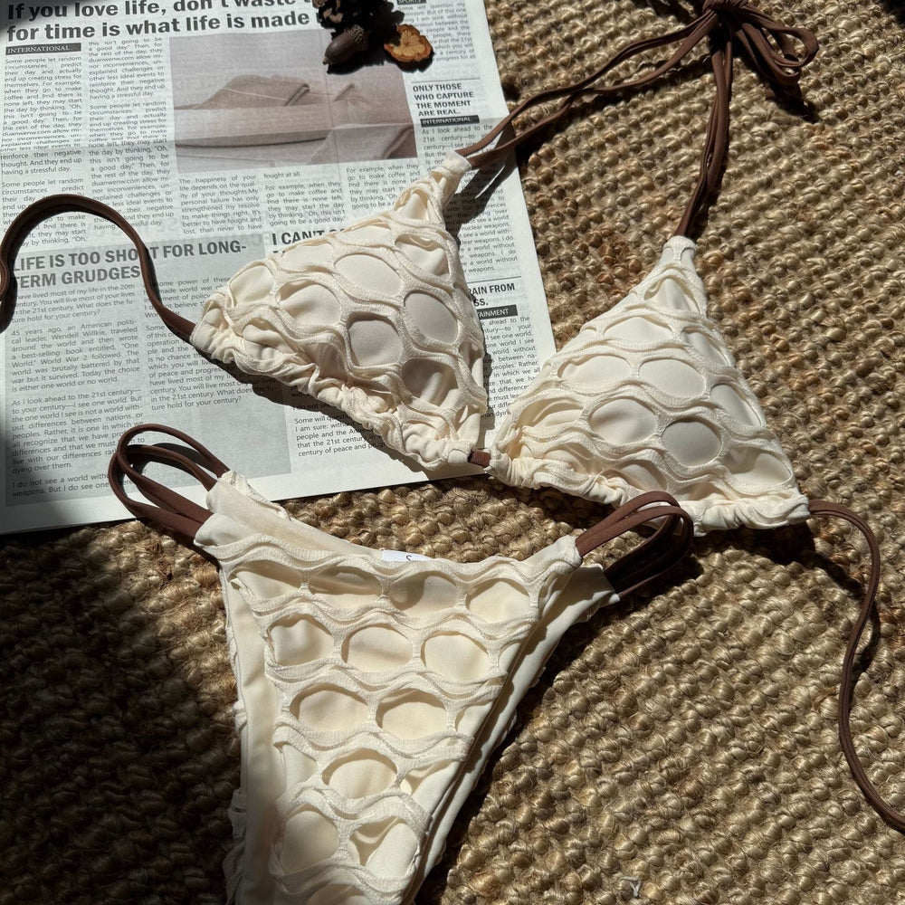Sexy Backless Mesh Stitching Drawstring Strap Split Swimsuit Bikini Bikini