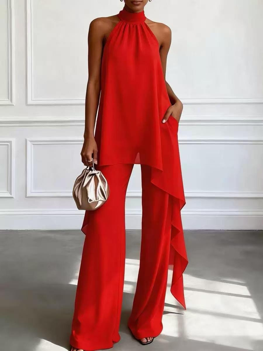 Elegant Halter Sleeve Chiffon Two Piece Sets