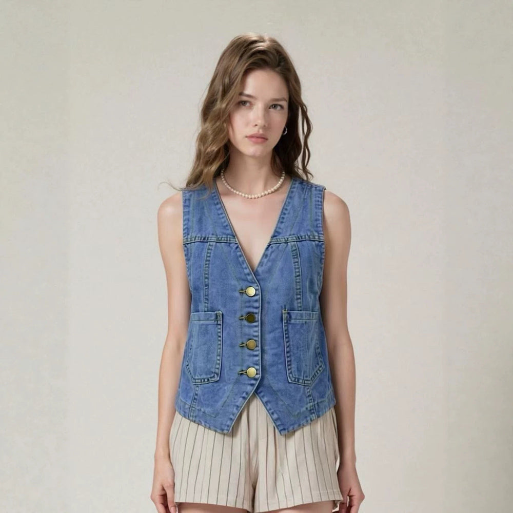 Women Sleeveless Button Slim Denim Vest