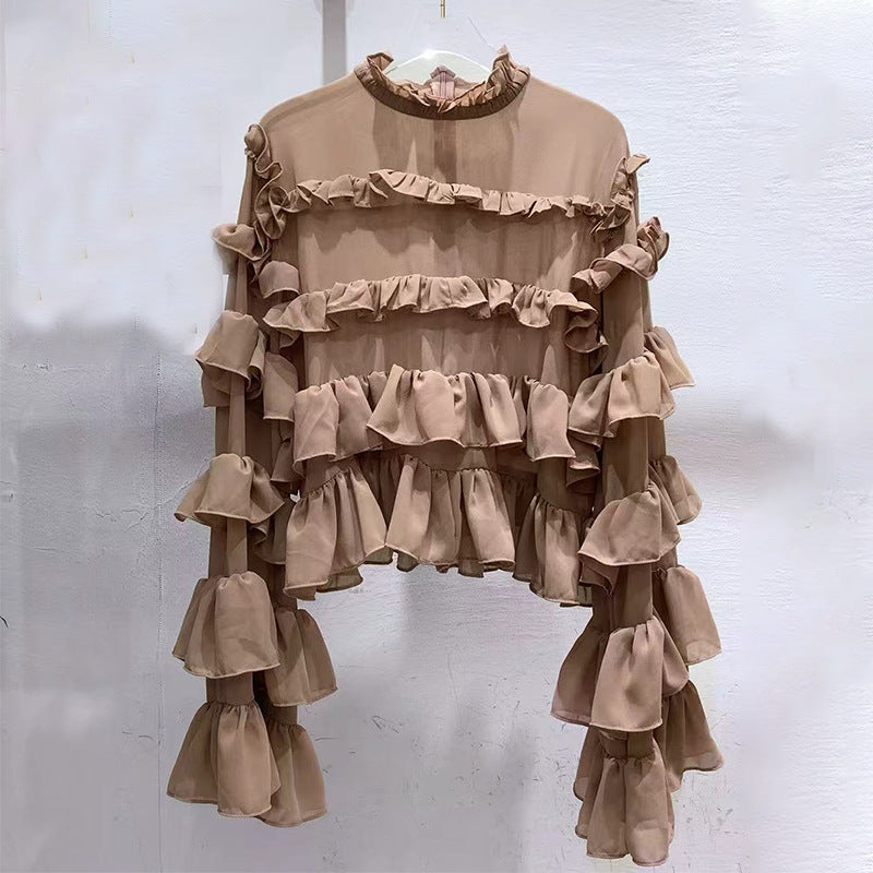Korean Personalized Comfortable Ruffled Shirt Autumn Niche Design Solid Color Loose Top for Women