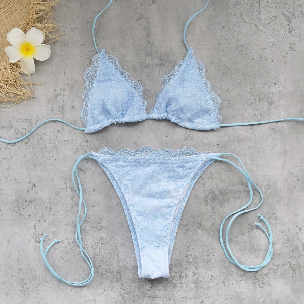 Solid Color Stitching Lace Three Point Sexy Backless Lace up Low Waist Bikini Split Swimsuit Women