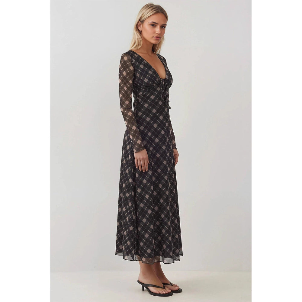 Autumn Retro V neck Lace up Plaid Elegant Graceful Slim Dress