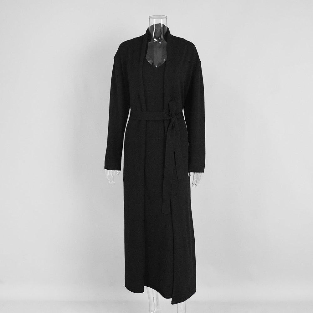 Women Knitted Long Sleeve Cardigan Sling Dress Set Autumn Soft Blouse