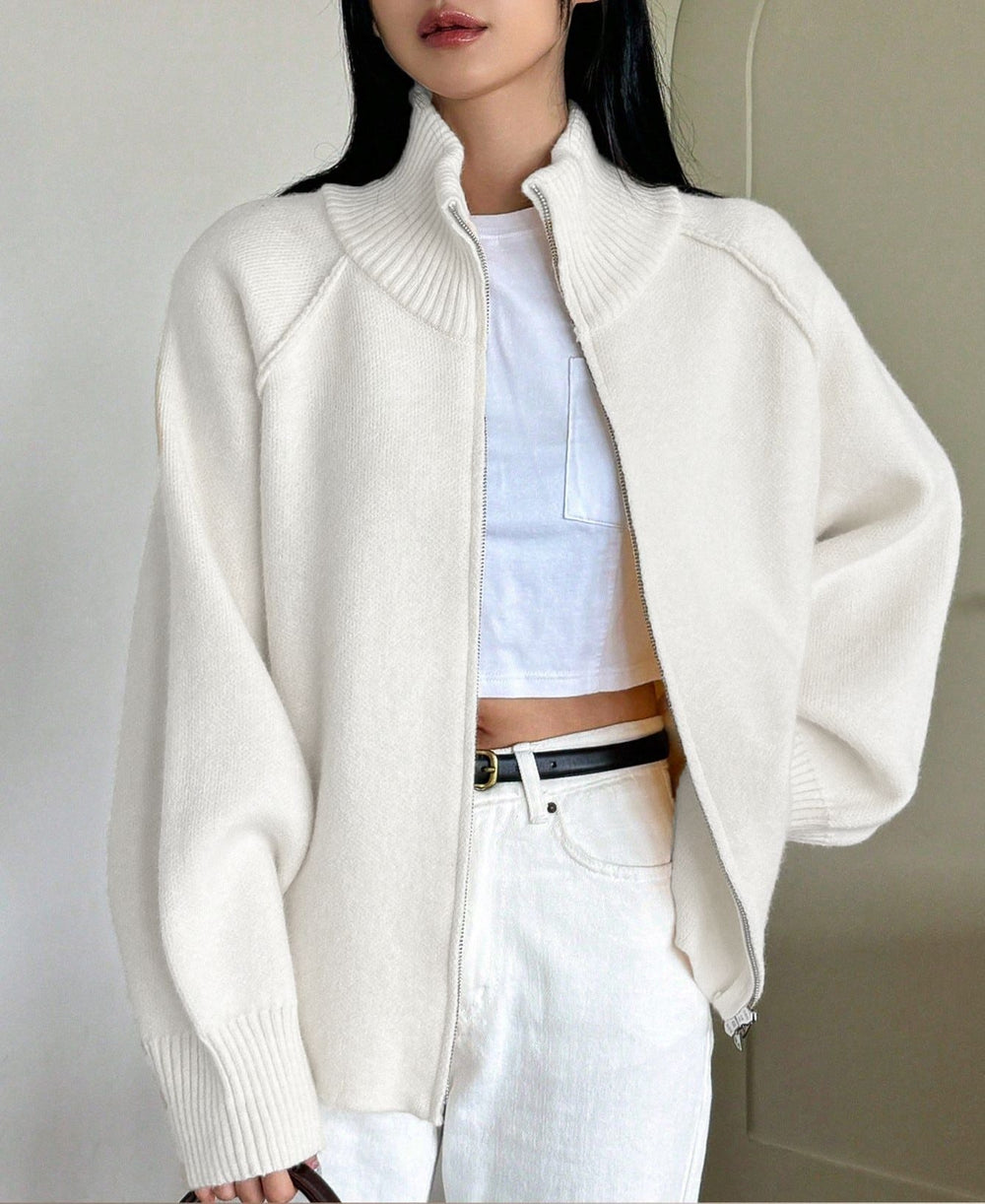 Lazy Sweater Coat Women Autumn Winter Korean Solid Color Stand Collar Zipper Knitted Cardigan Top