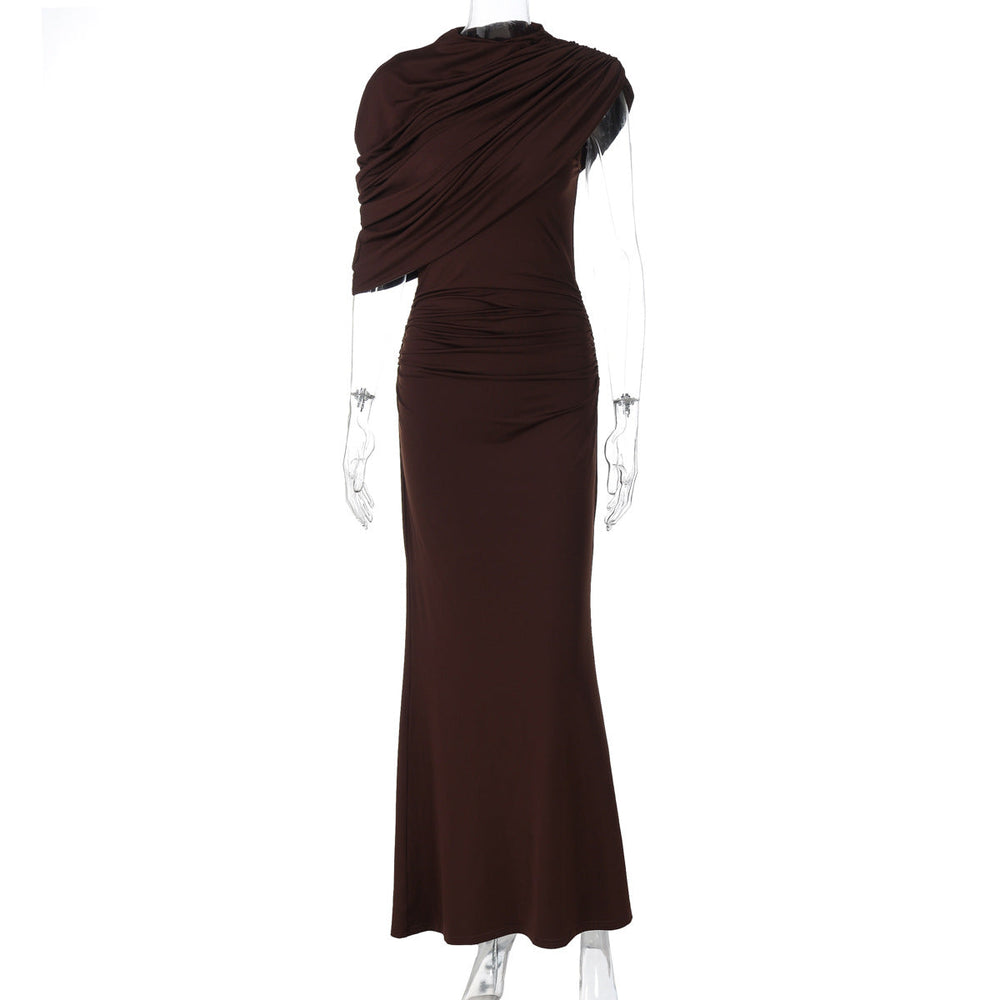 Women Clothing Summer Oblique Shoulder Design Skinny Sheath Pleated Irregular Asymmetric Dress