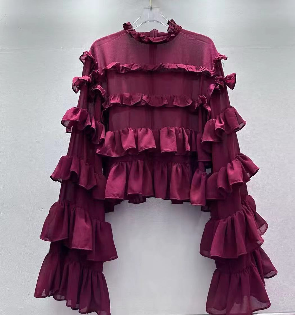 Korean Personalized Comfortable Ruffled Shirt Autumn Niche Design Solid Color Loose Top for Women