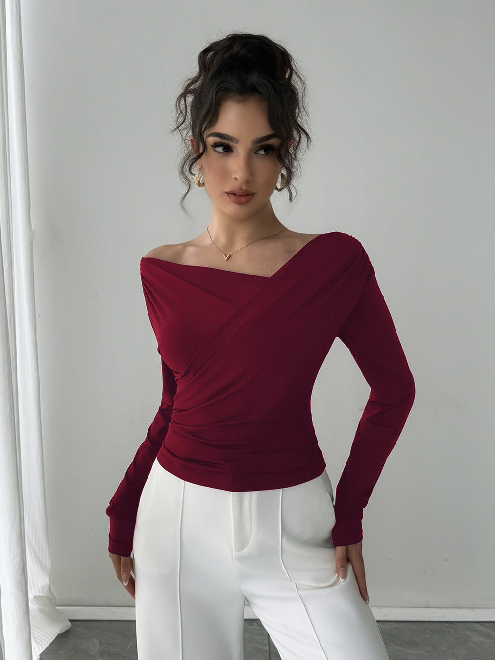 Autumn Winter Solid Color Shoulder Collar Shoulder Baring Slimming Long Sleeve All Match Office Top