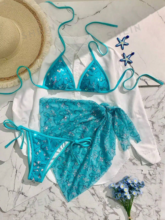 Summer Women Blue Sequined Spaghetti Strap Halter Holiday Sexy Beach Three Piece Bikini Swimsuit
