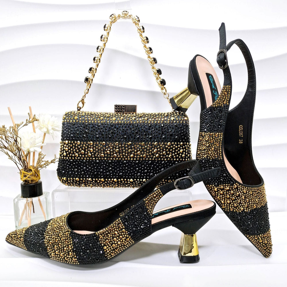 Simple Pointed Striped Delicate Rhinestone Decorative Cocktail Elegant Women Shoes Bags Two Piece Sets High Heels