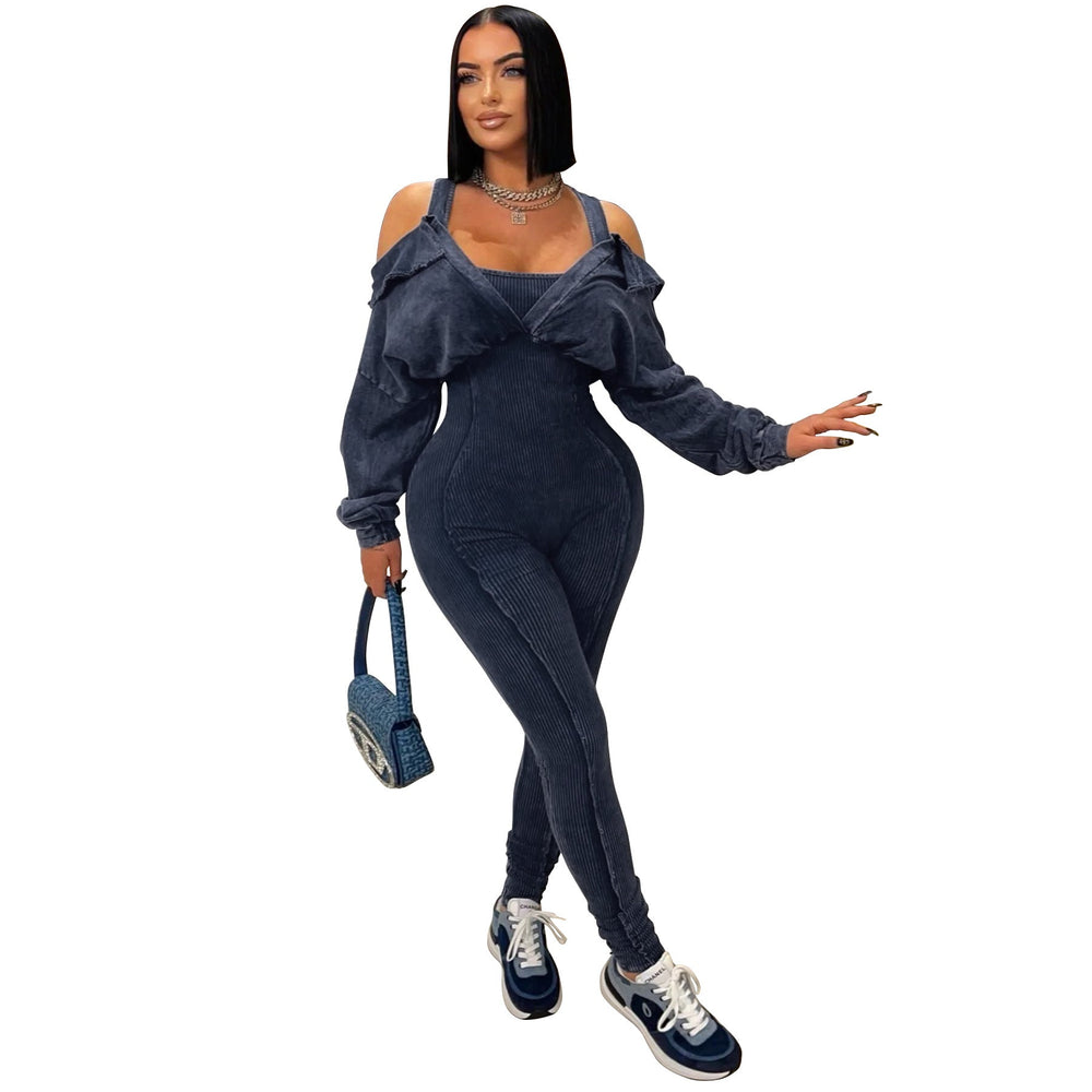Women Wear Washed Old Sexy Cold Shoulder Bodycon Jumpsuit