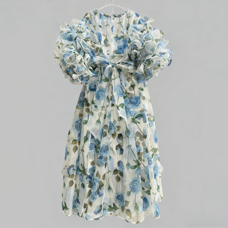 Retro Romantic Palace Rose Print Dress for Women round Neck Design Puff Sleeve Dress