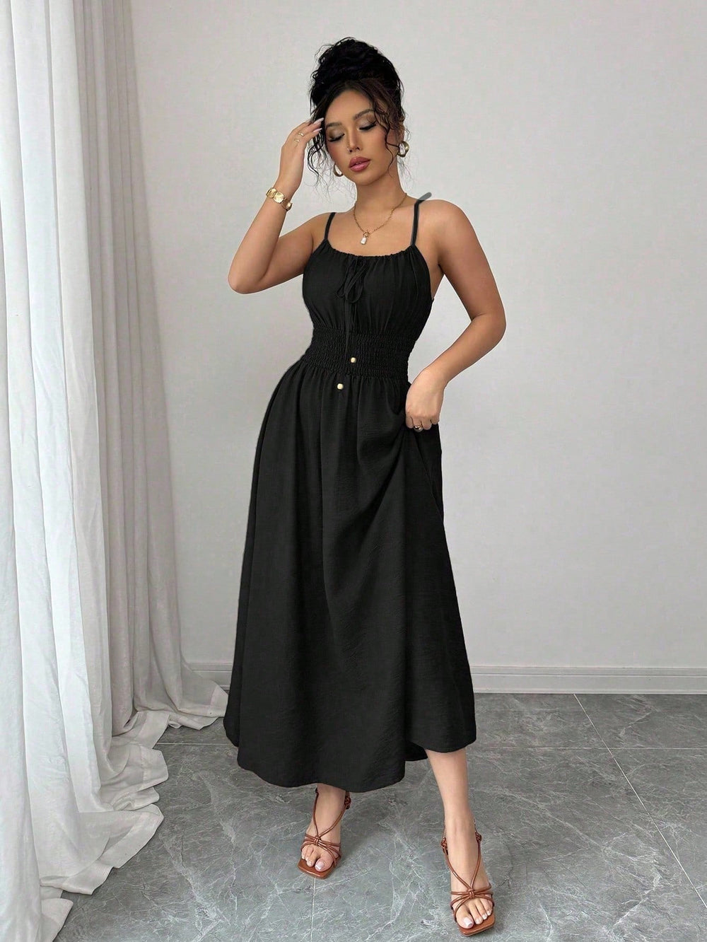 Design Tube Top Sleeveless Pleated Waist Solid Color Suspender Women Dress