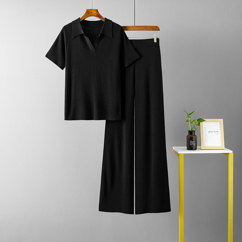 Women Clothing Polo Collar Pullover Short Sleeve Top Slimming Solid Color Wide Leg Trousers Knitted Suit