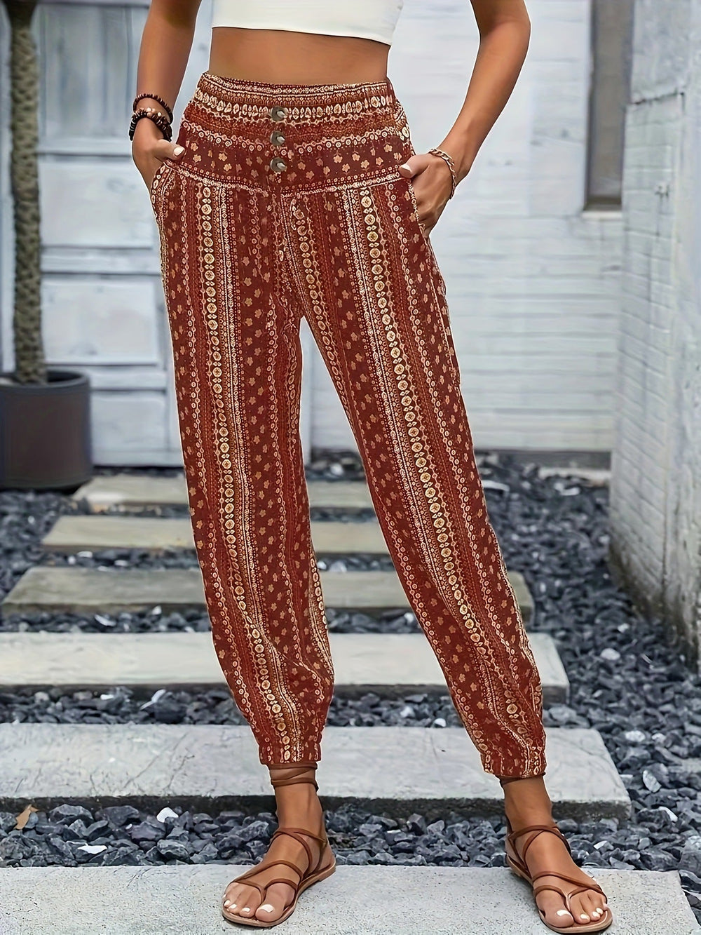Spring Summer Women Clothing Bohemian Ethnic Print Loose Slimming Draping Effect Elastic Waist Ankle Tied Casual Pants