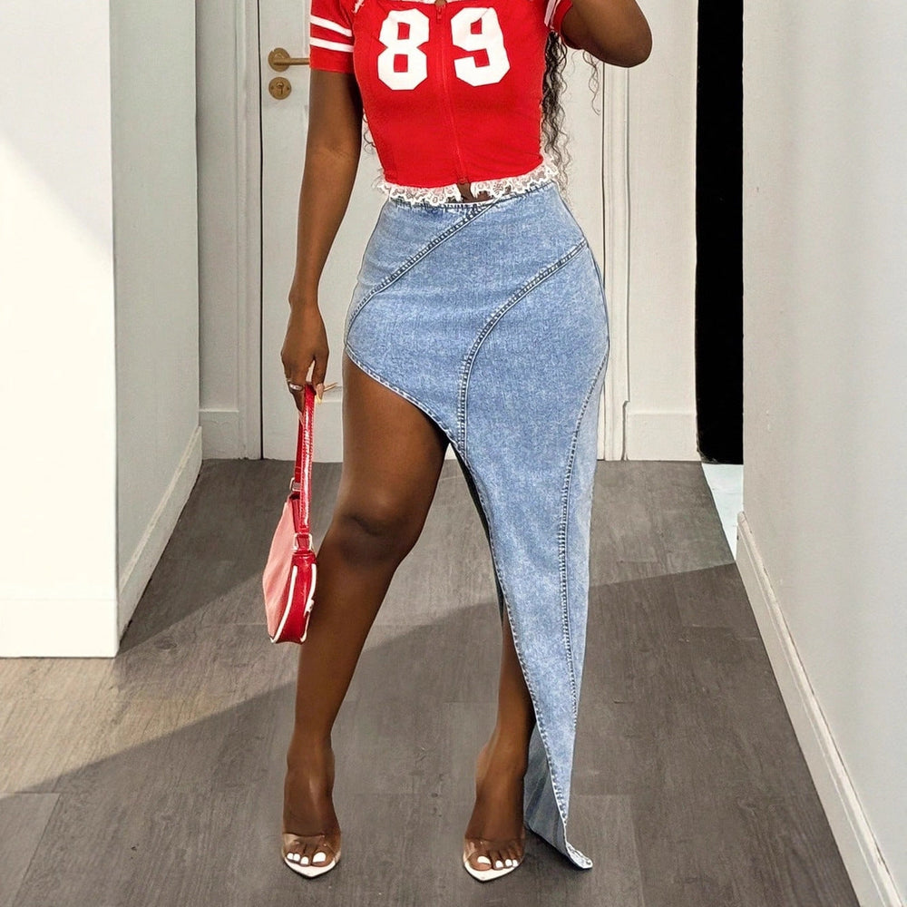 Women Fashionable Irregular Asymmetric Stretch Denim Skirt