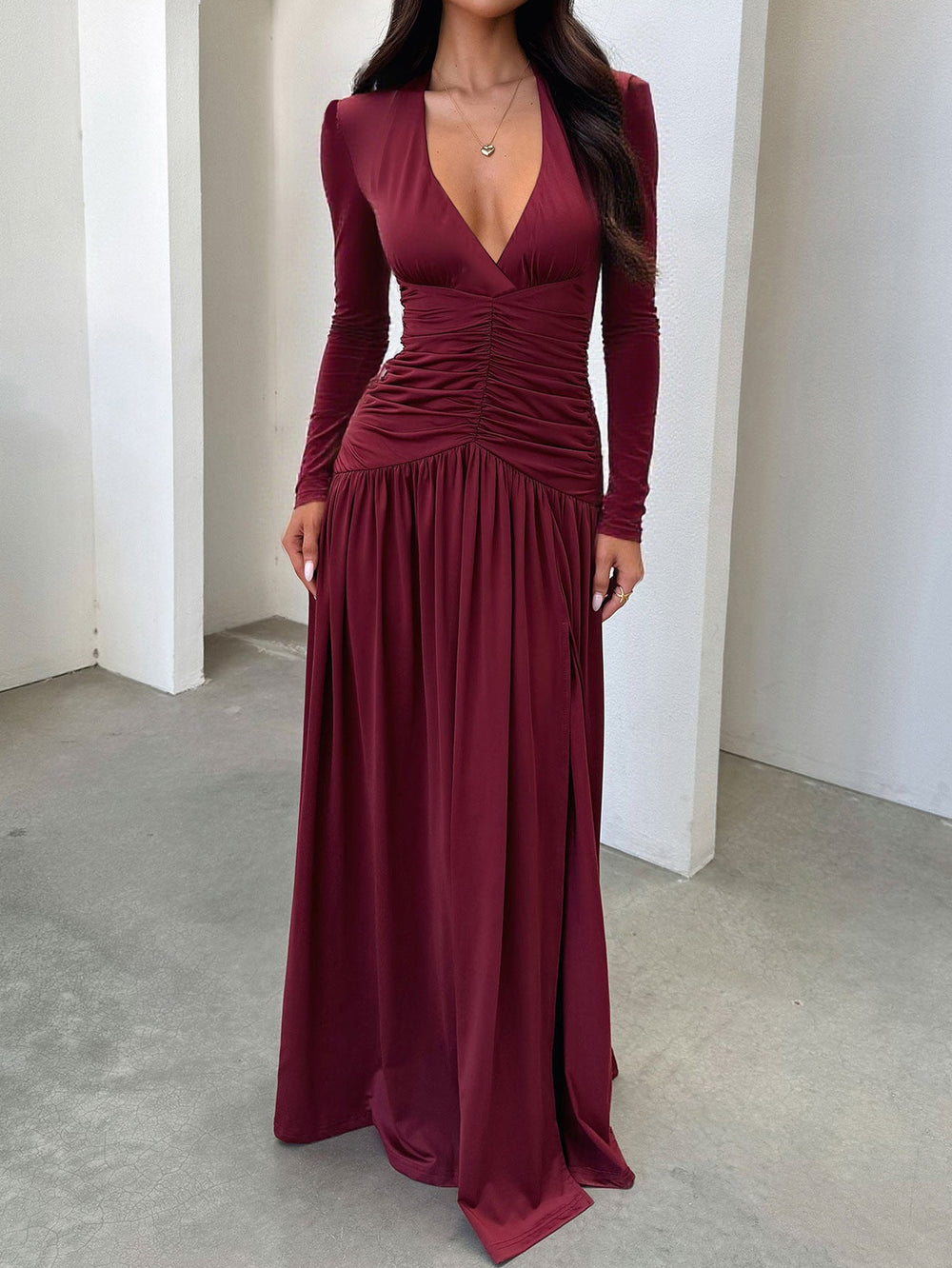 Women Clothing Autumn Winter Elegant Deep V Plunge Long Sleeve Dress