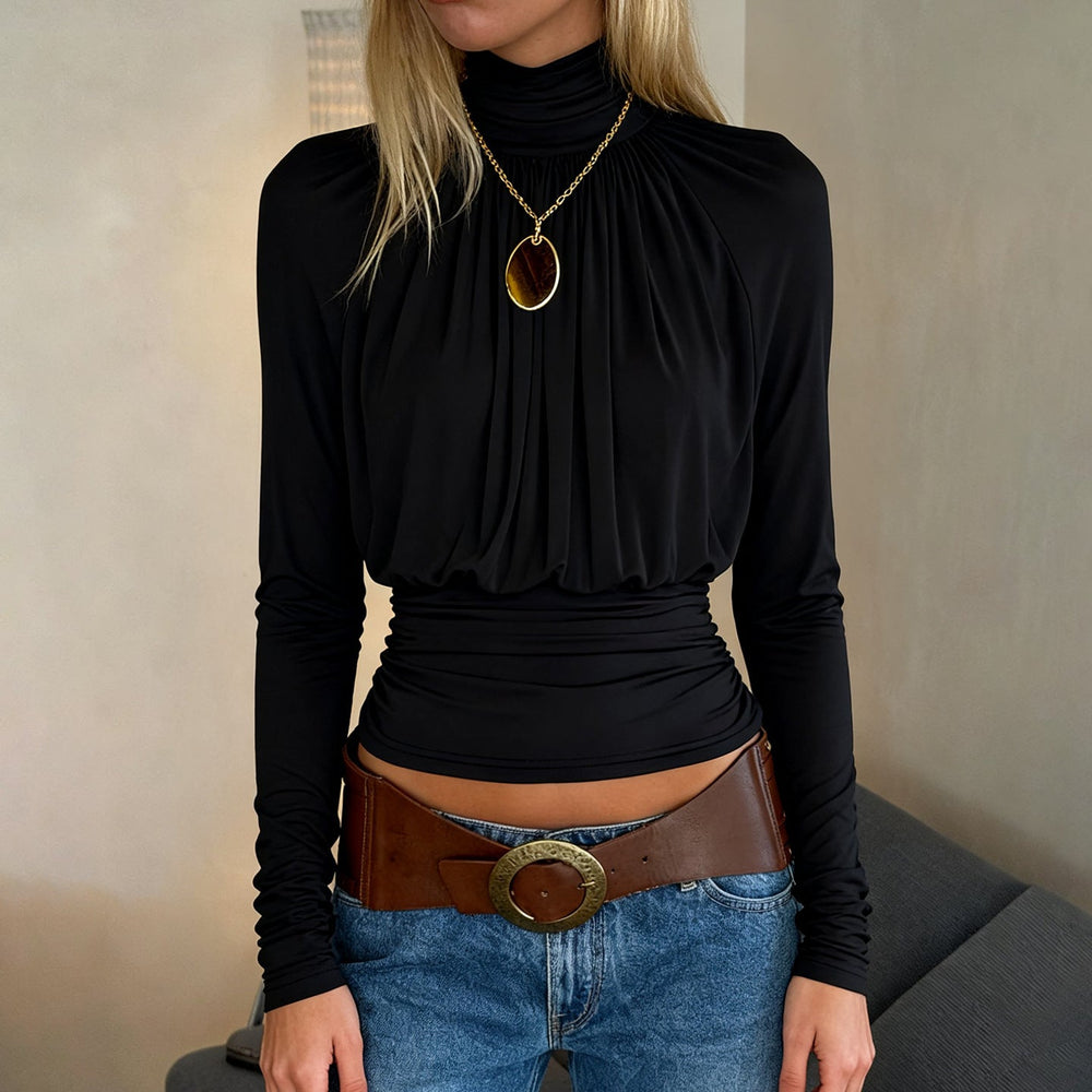 Dark Sexy Black with High Collar Long Sleeve Casual Top Short Waist Controlled Slimming Long Sleeve T shirt Women Autumn