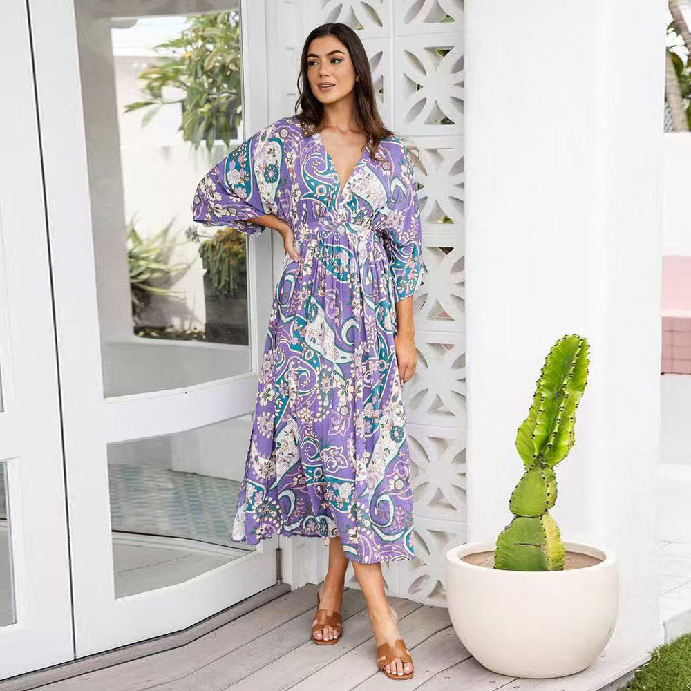 Summer Batwing Sleeve V neck Waist Slimming Maxi Dress Beach Holiday Dress