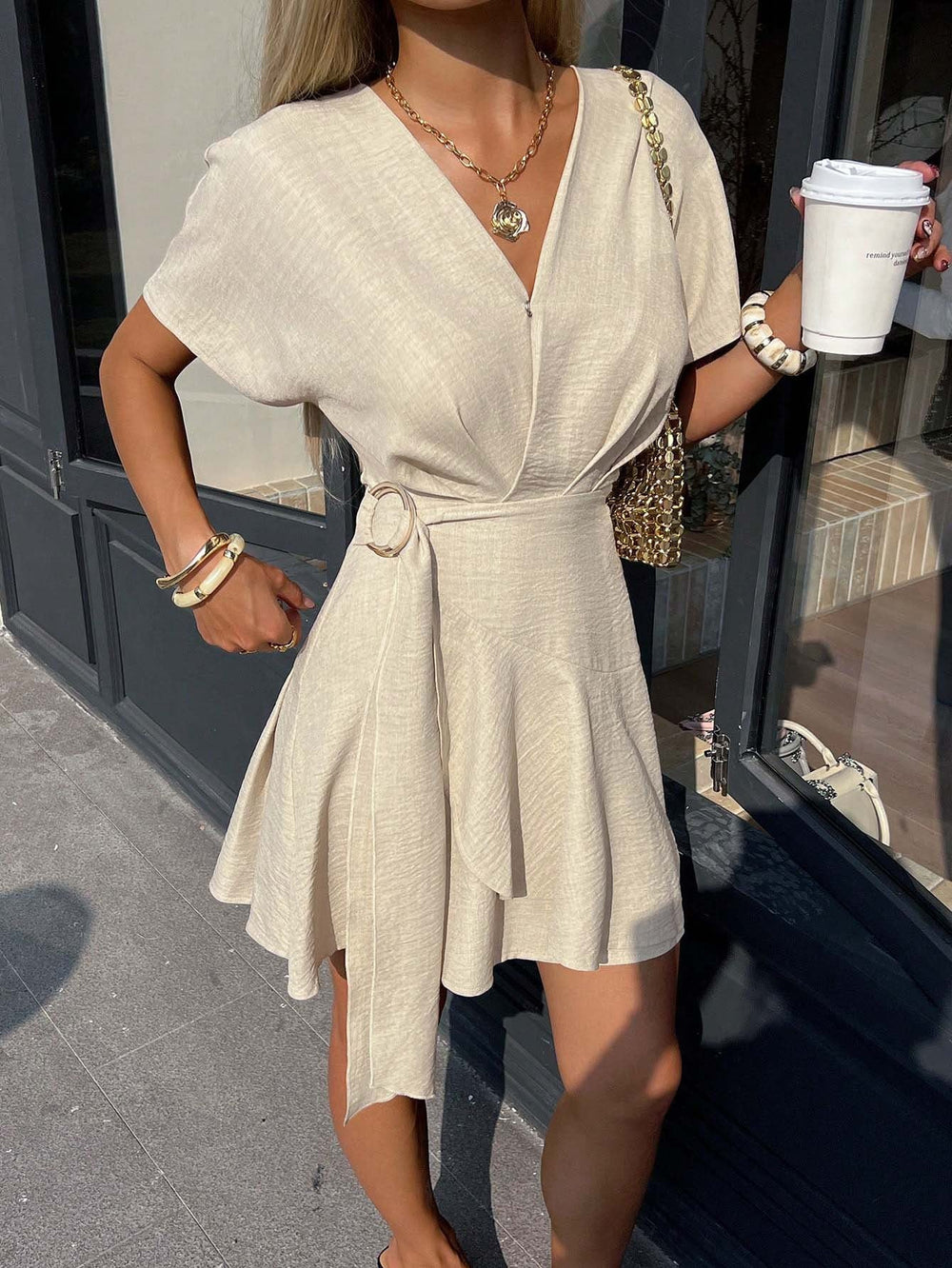 Gentle V neck Dress Tight Waist Slimming Irregular Asymmetric Niche Design