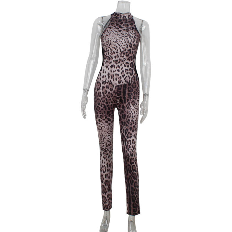 Sexy Sleeveless Halter Leopard Print Printed Mesh Stitching Jumpsuit Tight High Elastic Trousers