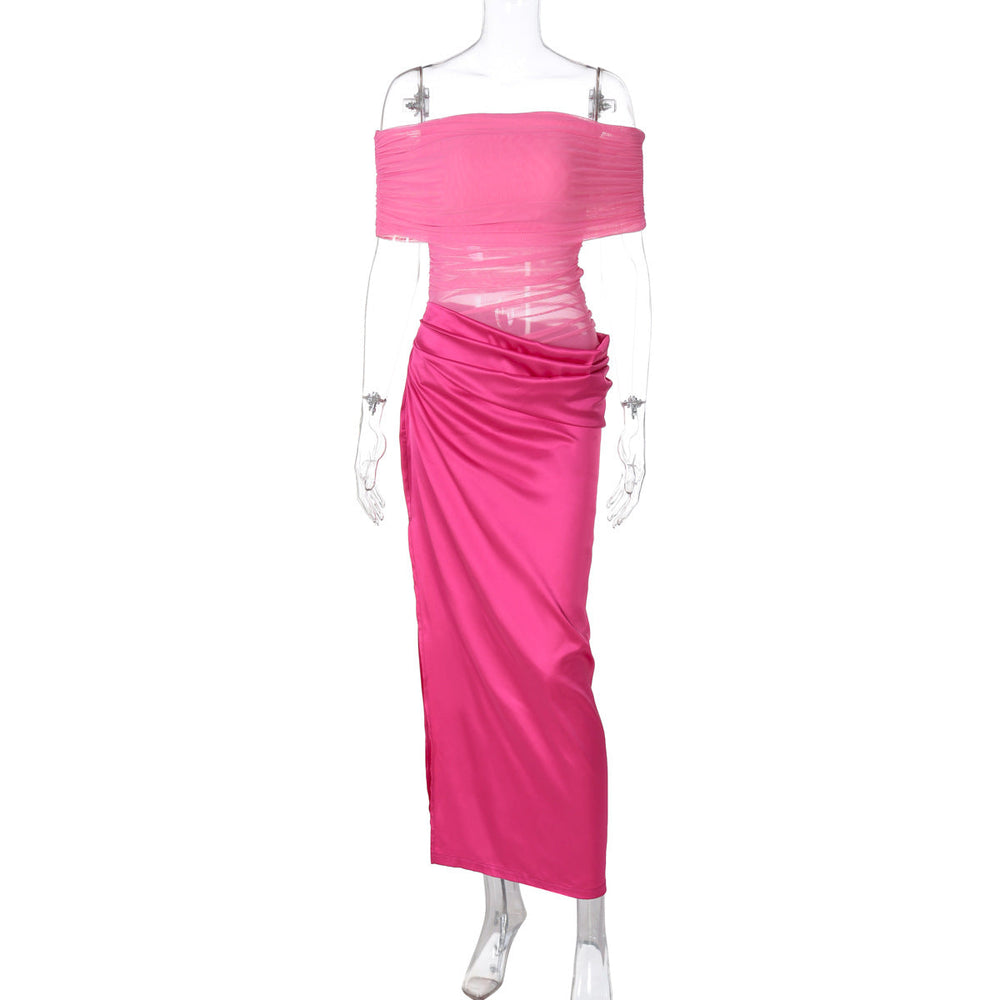 Women Clothing Spring Summer Sexy See through Stitching off Shoulder Dress