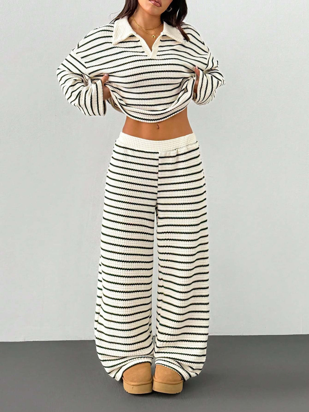 Striped Knitted Contrast Color Lapels V neck Long Sleeved Top Casual Two Piece Sets