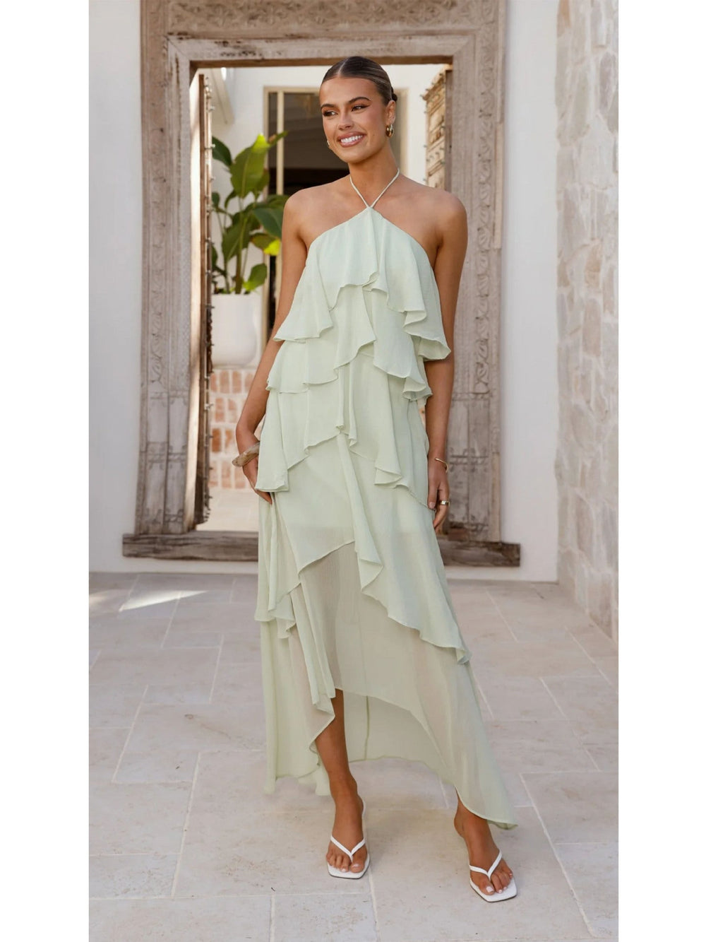 Spring Summer Ruffled Elegant Halter Solid Color Cake Chiffon Dress