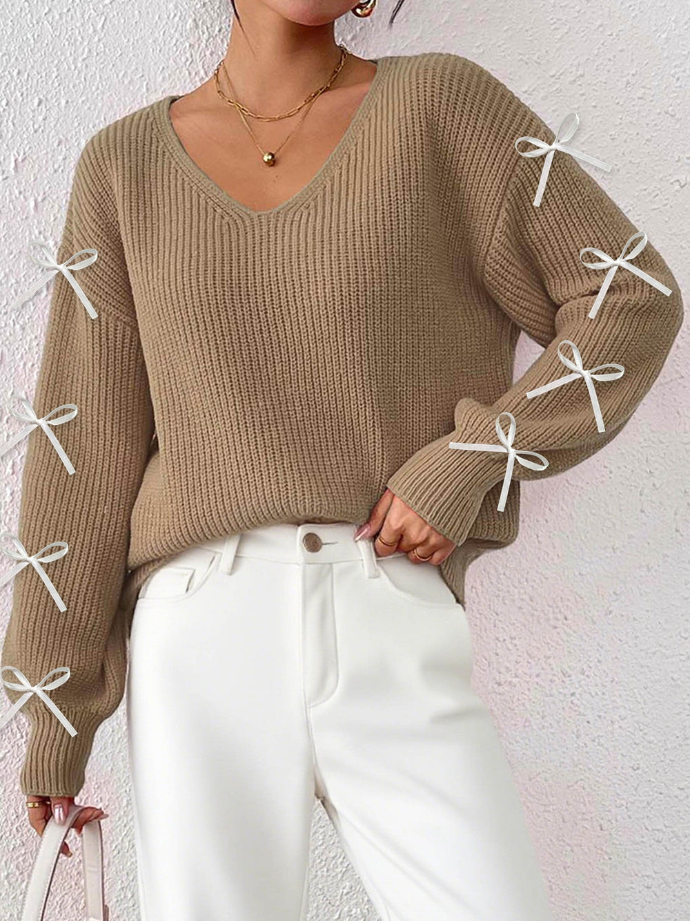 Women Autumn Winter Coat Women Clothing Ribbon Bow Decorative Woven Pullover