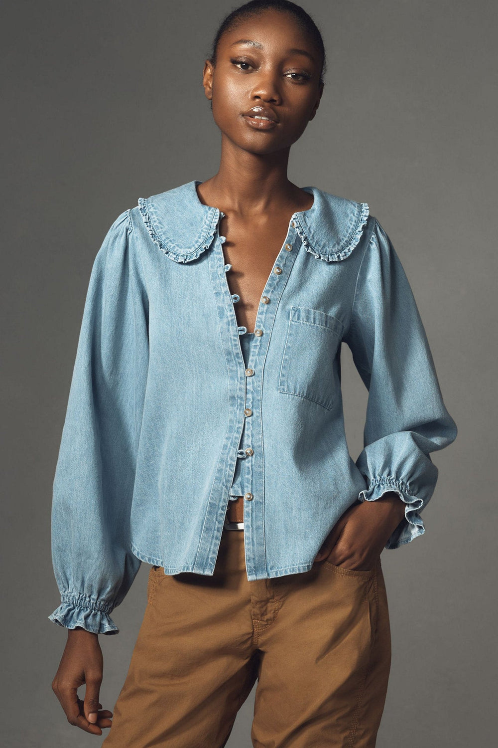 Women Spring Autumn Casual Retro Lightweight Denim Long Sleeved Shirt