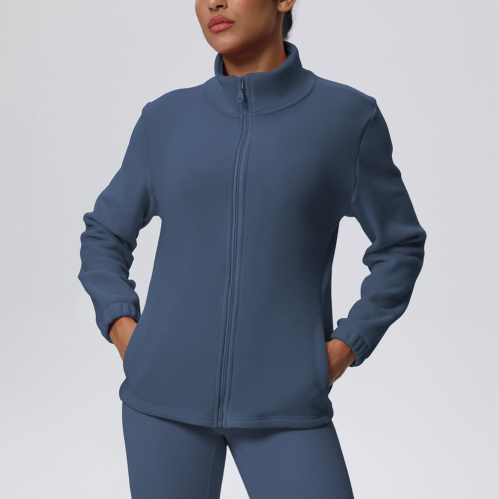 High Collar Warm Fleece Lined Zipped Sports Coat Loose Yoga Clothes Casual All Matching Women