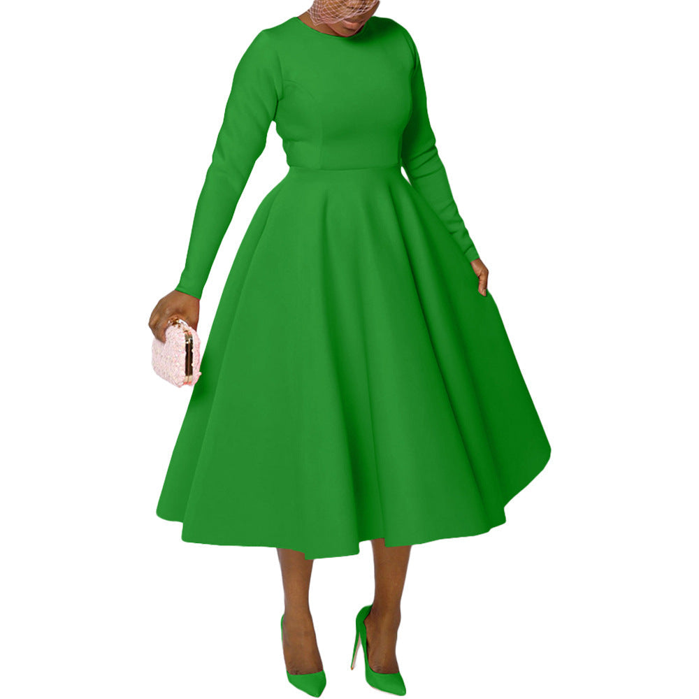 Women Clothing Solid Color round Neck Long Sleeve Flat Part of Knife Large Swing Dress