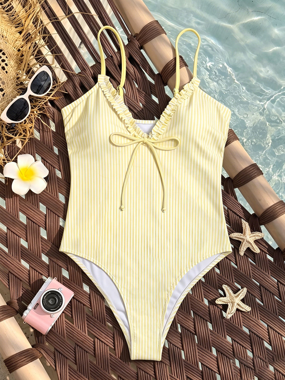One Piece Swimsuit Plaid Striped Print Knotted Sexy Bikini Beach Women
