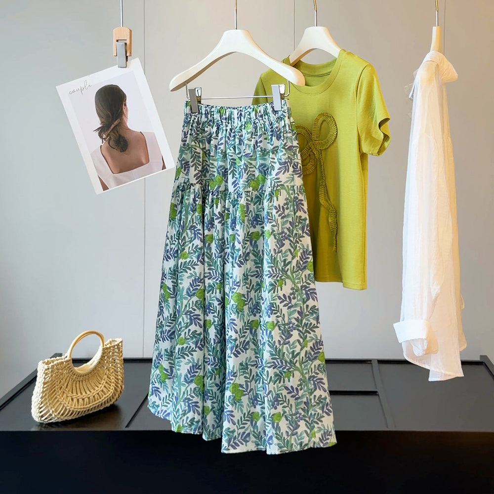 Plant Print Skirt Women Summer High Waist Slimming A line Unique Chic Maxi Skirt