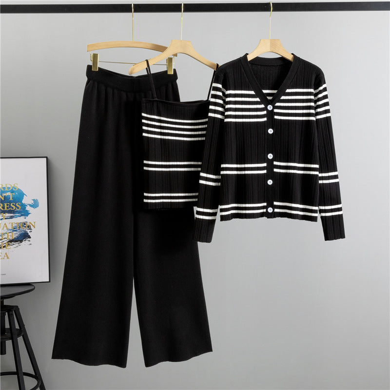 Striped Spaghetti Straps Cardigan Three Piece Set Fashionable Temperamental All Match Knitting Two Piece Sets Women Autumn Winter