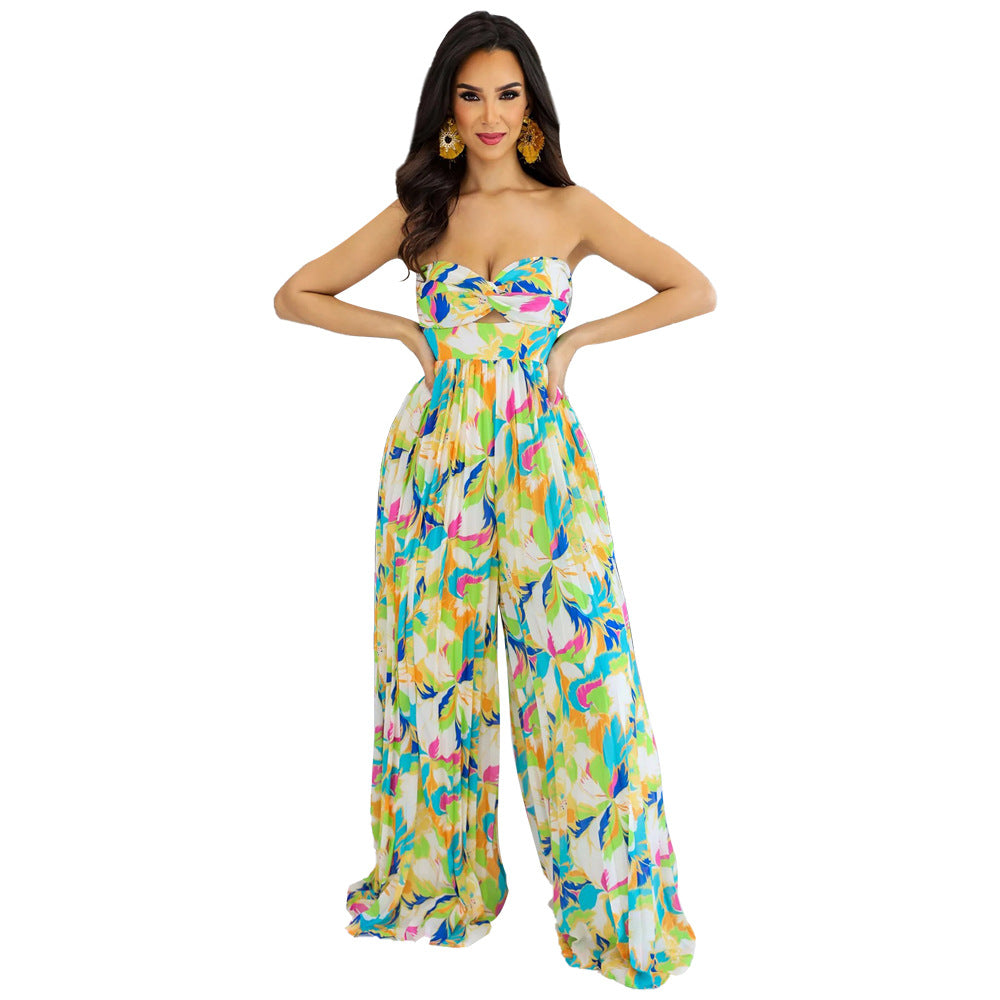 Sleeveless Chest Wrapped Printed Trousers Summer High Waist Pleated Jumpsuit