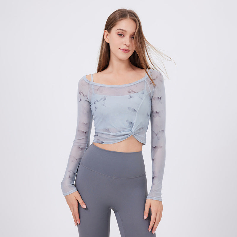 Floral Butterfly Faux Two Piece Sports T Shirt Women Long Sleeve with Chest Pad Yoga Clothes Mesh Top Quick Drying Slimming Workout Clothes