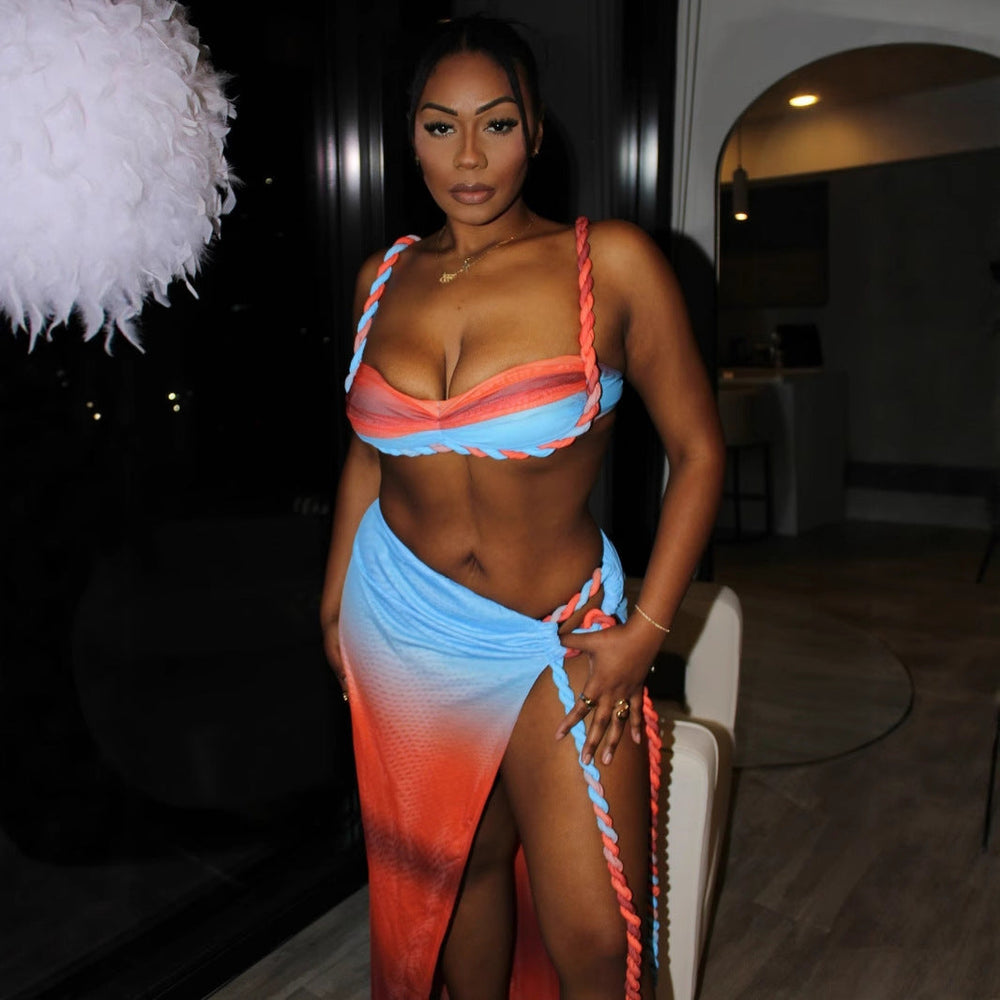 Summer Sexy Beach Vacation Swimsuit Woven Halter Top Top Split Skirt Set